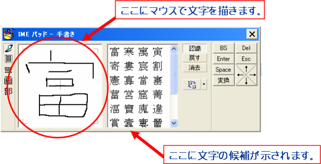 「IMEパッド - 手書き」のウインドウ